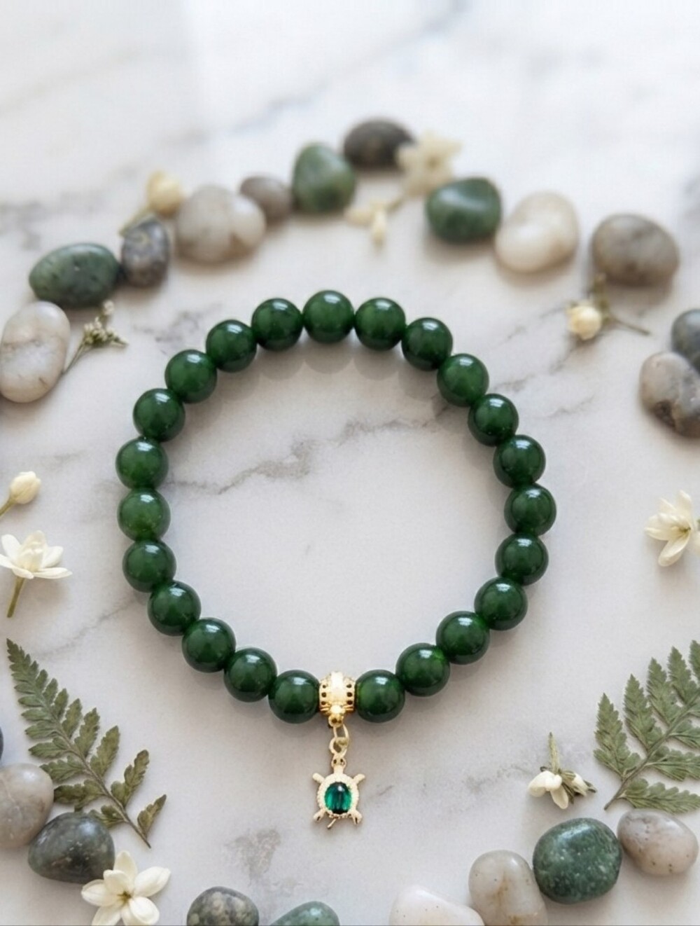 Jade Bracelet With Cubic Zirconia Turtle Charm